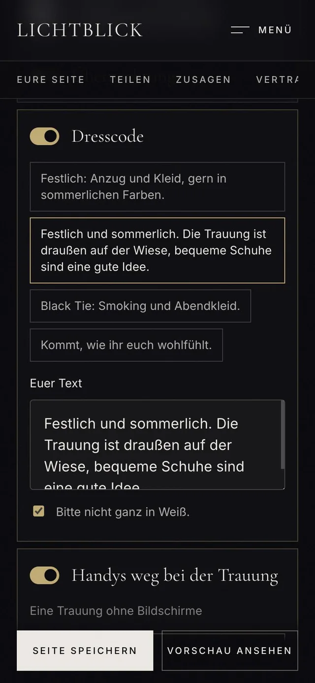 Die Lounge am Handy: Baustein Dresscode ist angeschaltet, darunter mehrere Vorlagen zur Auswahl und ein Textfeld
