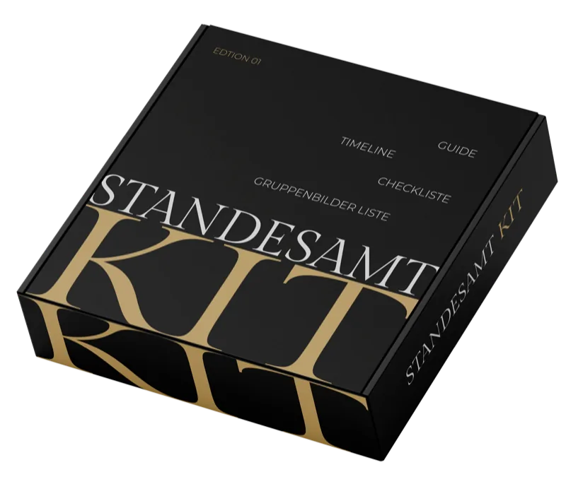 Die vier Teile des Standesamt-Kits: Guide, Checkliste, Zeitplan und Gruppenfoto-Liste