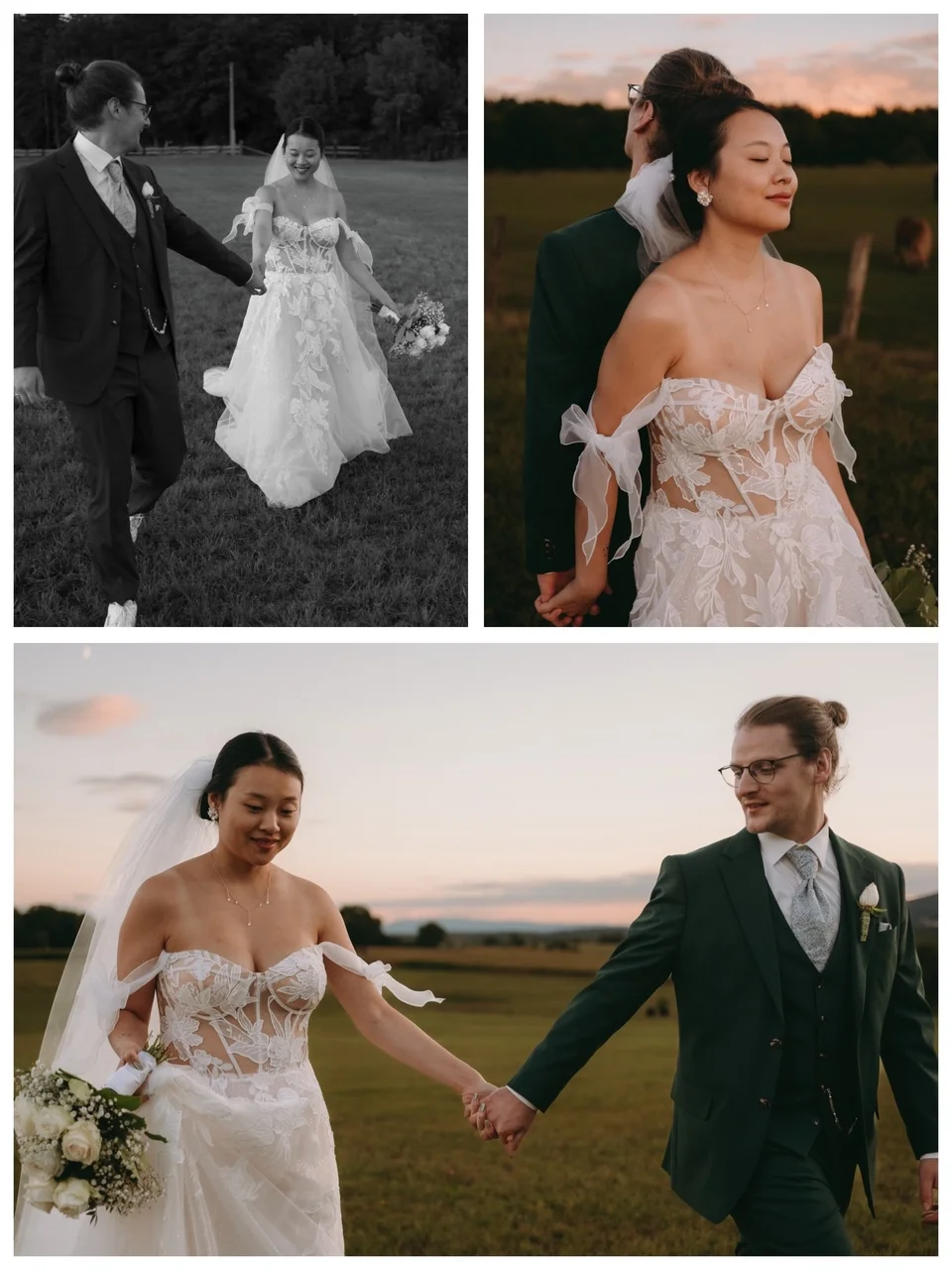 Brautpaar läuft durch das Feld beim Sonnenuntergang