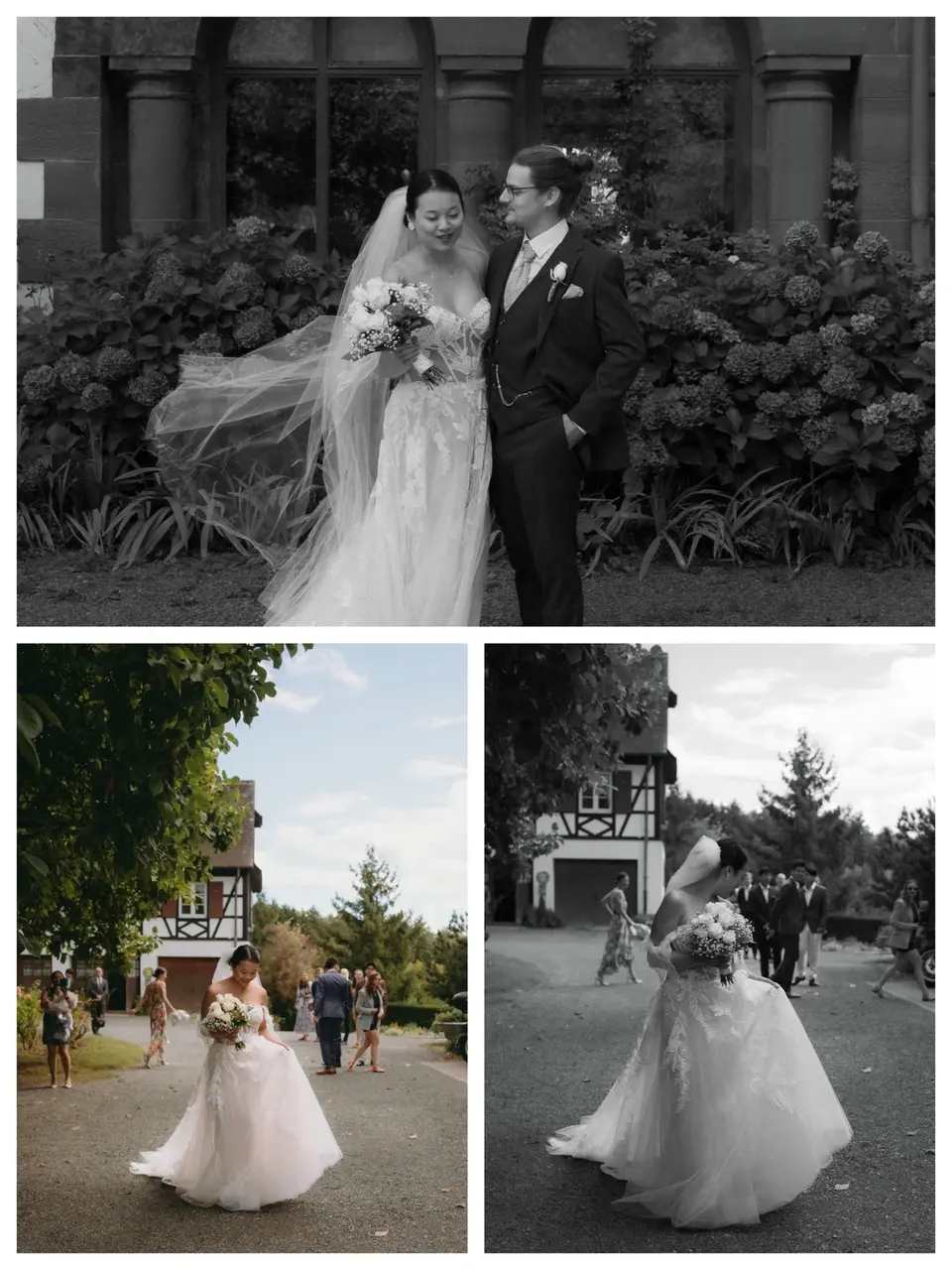 Brautpaar vor historischer Fassade mit Hortensien